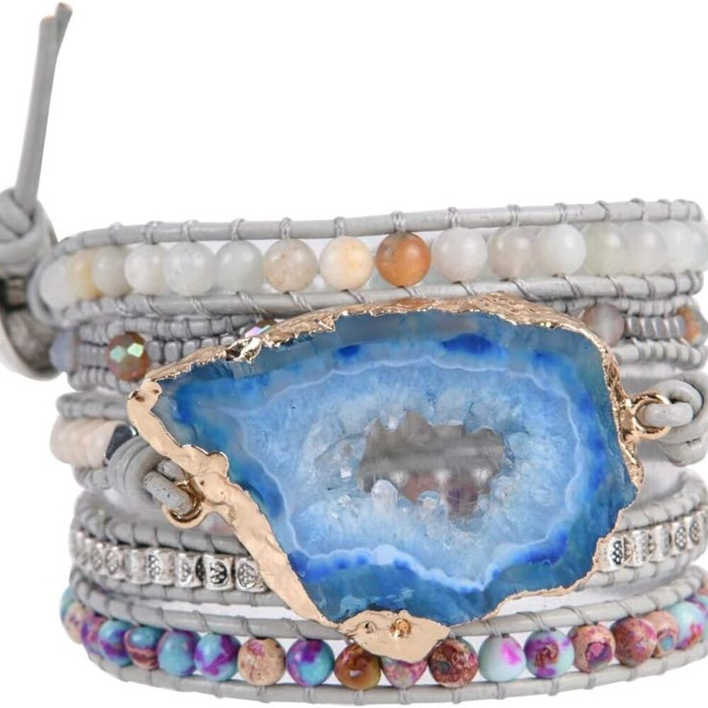 Boho Handmade Wrap Leather Tube Crystal Stone Bracelet for Women